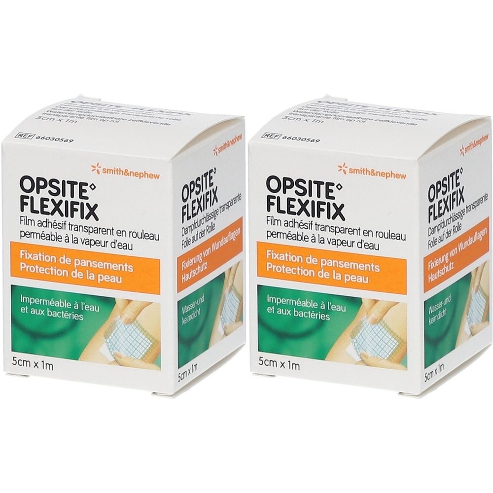 Deux boîtes Opsite Flexifix. Inscription : Film adhésif transparent, 5cm x 1m. Logo Smith & Nephew.