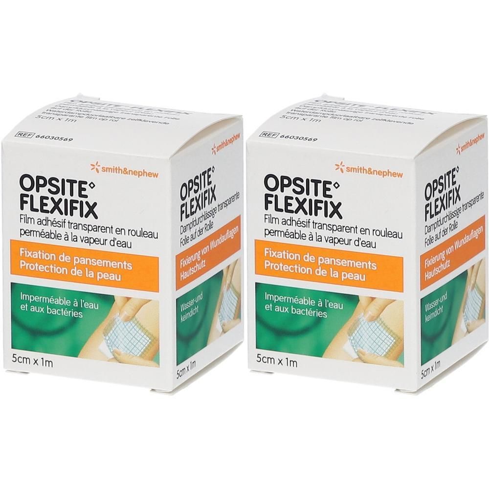 Deux boîtes Opsite Flexifix. Inscription : Film adhésif transparent, 5cm x 1m. Logo Smith & Nephew.