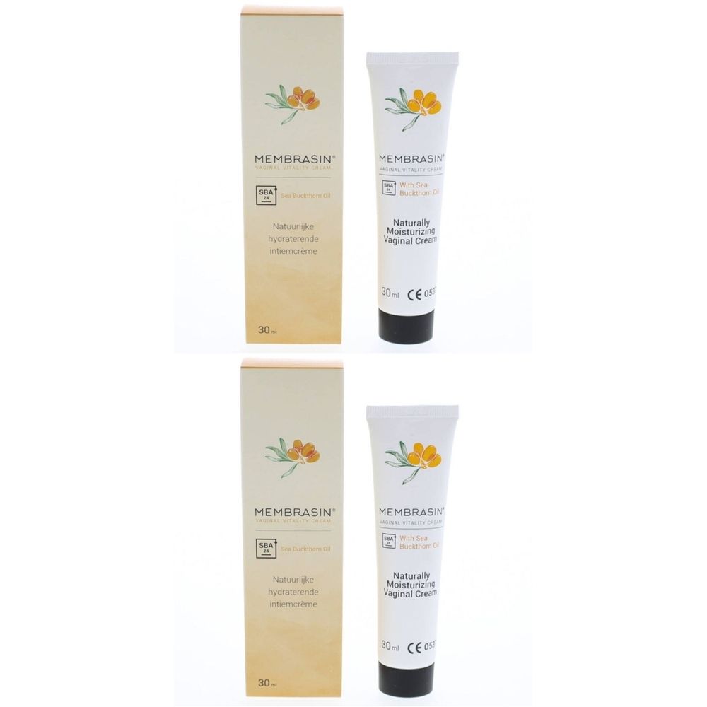Deux tubes et boîtes de MEMBRASIN® Crème vaginale. Tubes blancs avec bouchon noir. Boîtes beiges avec informations.