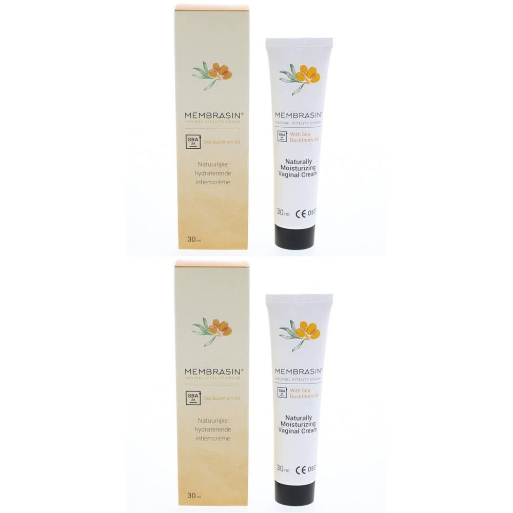 Deux tubes et boîtes de MEMBRASIN® Crème vaginale. Tubes blancs avec bouchon noir. Boîtes beiges avec informations.