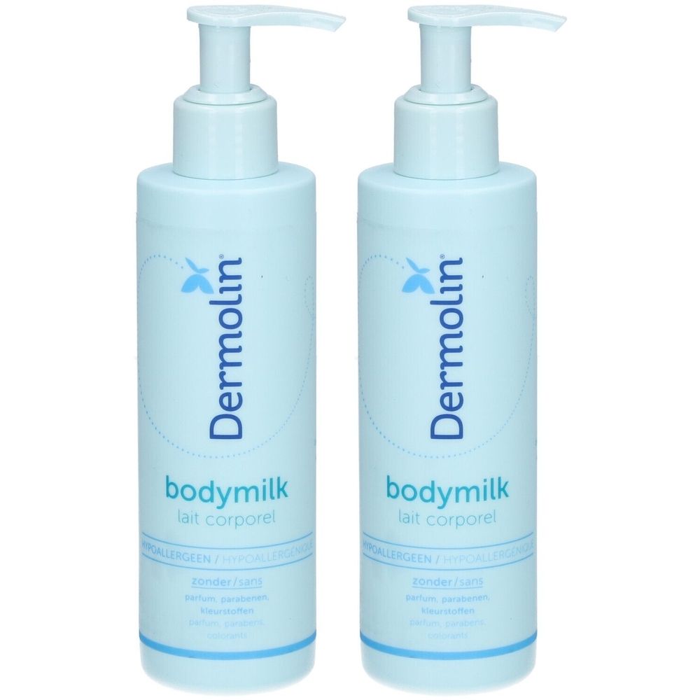 Deux flacons de Dermolin Bodymilk avec pompe. Flacons bleu clair. Inscription : Dermolin, Bodymilk, lait corporel.