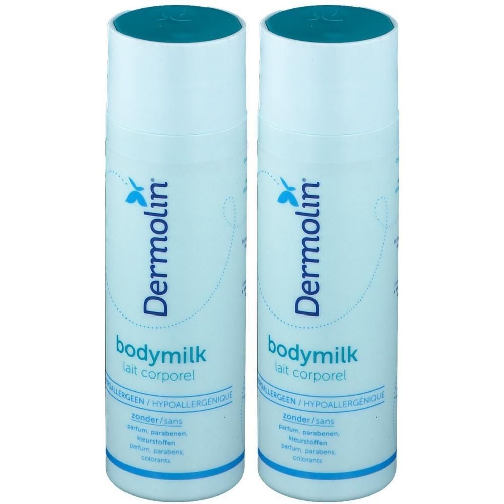 Deux flacons de Dermolin Bodymilk. Flacons bleu clair avec bouchon blanc. Inscription : Dermolin, Bodymilk, lait corporel.