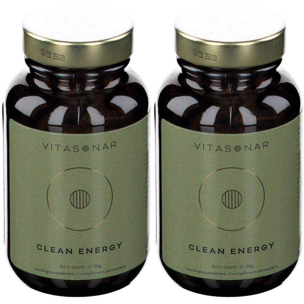 Deux flacons avec couvercles dorés et étiquettes vertes. Inscription : Vitasanar, Clean Energy. 60 V-Caps.