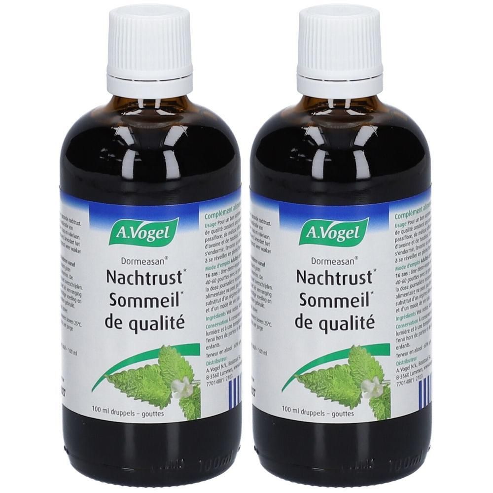 Deux flacons A.Vogel Dormeasan. Liquide brun, bouchon blanc. Étiquette avec nom du produit et logo.