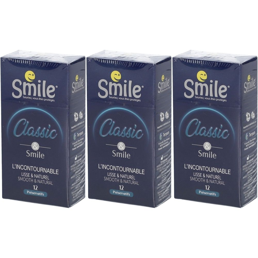 Trois boîtes de préservatifs. Chaque boîte affiche "Smile Classic", "Lisse & Naturel" et le nombre 12.