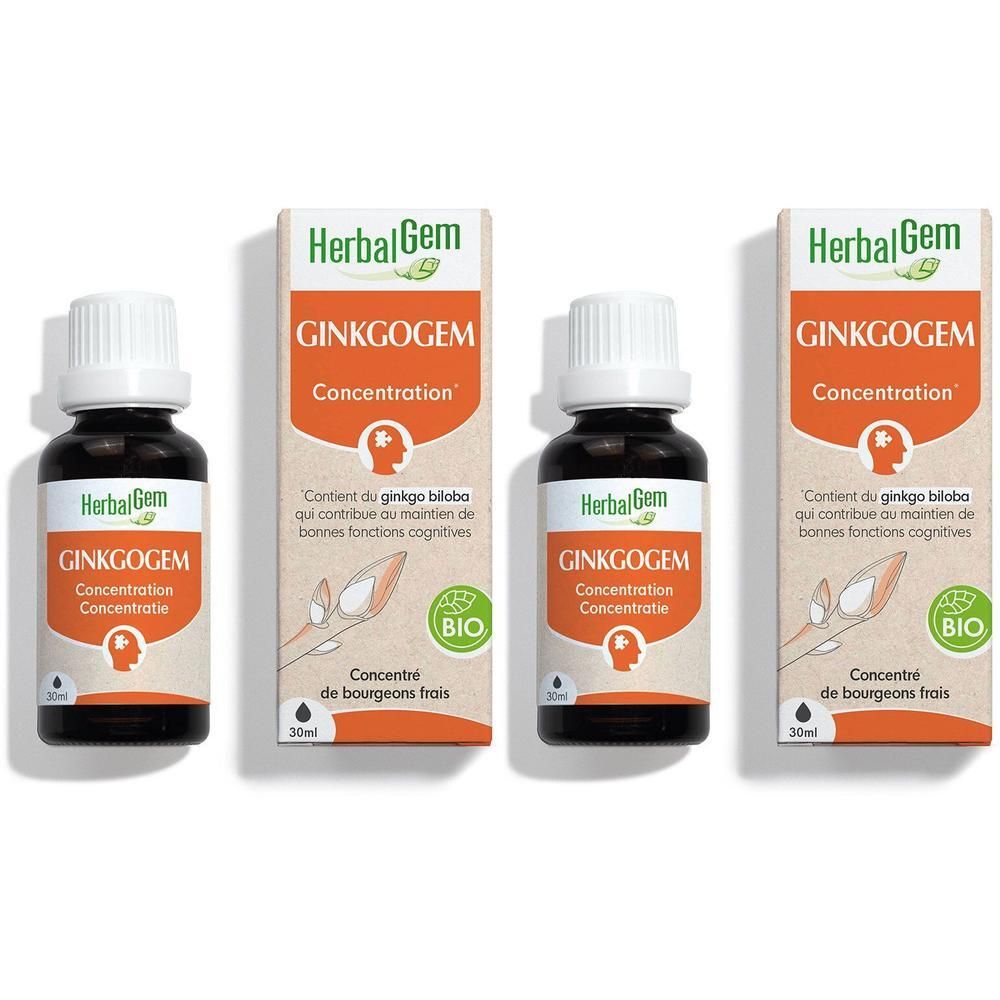 Trois flacons et deux boîtes HerbalGem GINKGOGEM. Inscription : Concentration, Bio. Concentré de bourgeons frais.