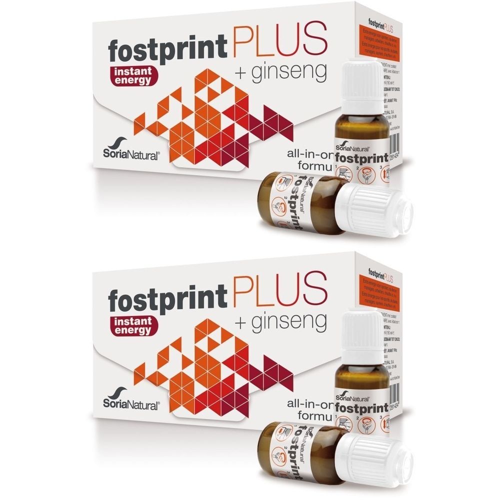 Deux boîtes de Fostprint PLUS avec ginseng et deux petits flacons. Inscription: Instant Energy, Soria Natural.