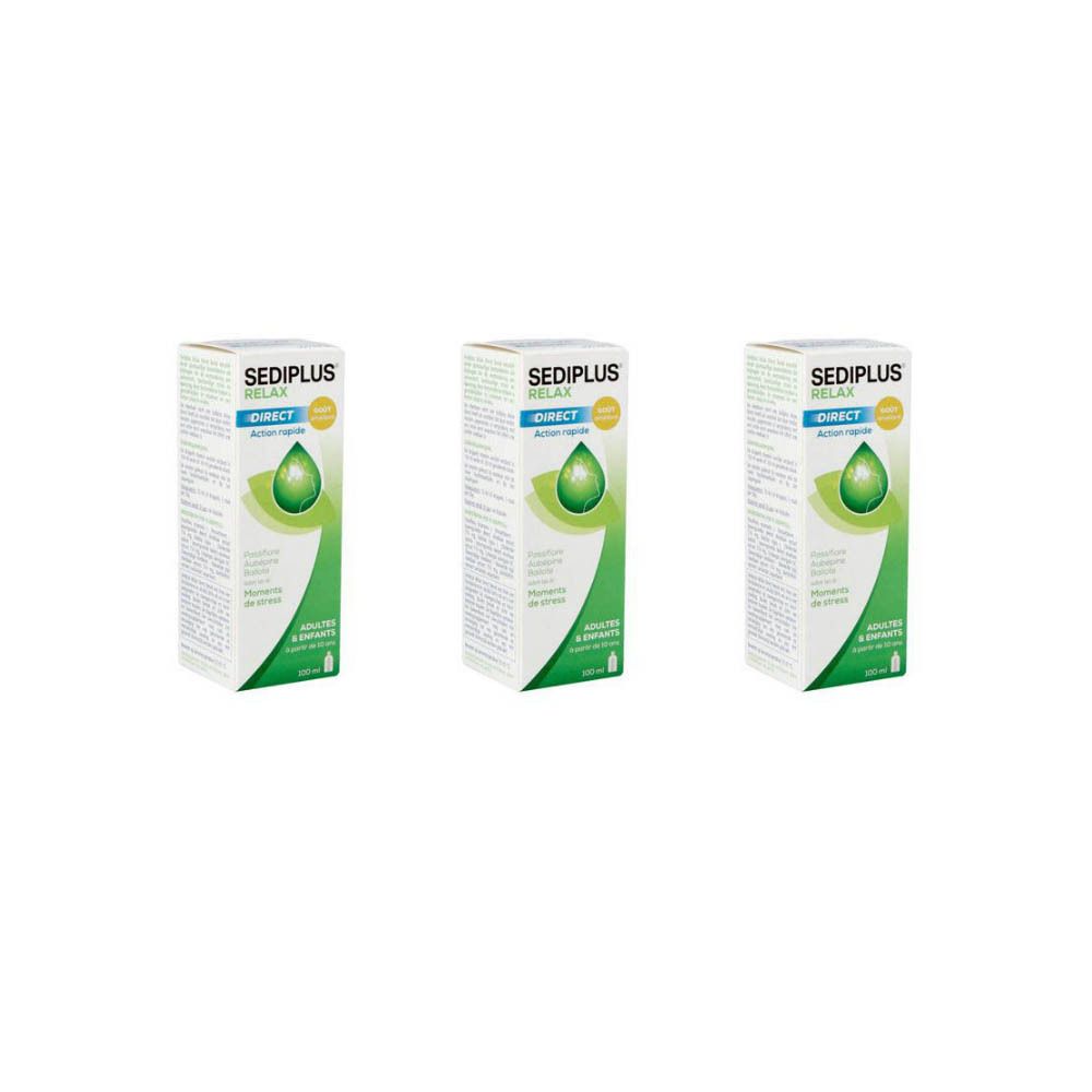 Trois boîtes de Sediplus Relax Direct. Emballage blanc avec des accents verts et jaunes. Symbole de goutte.