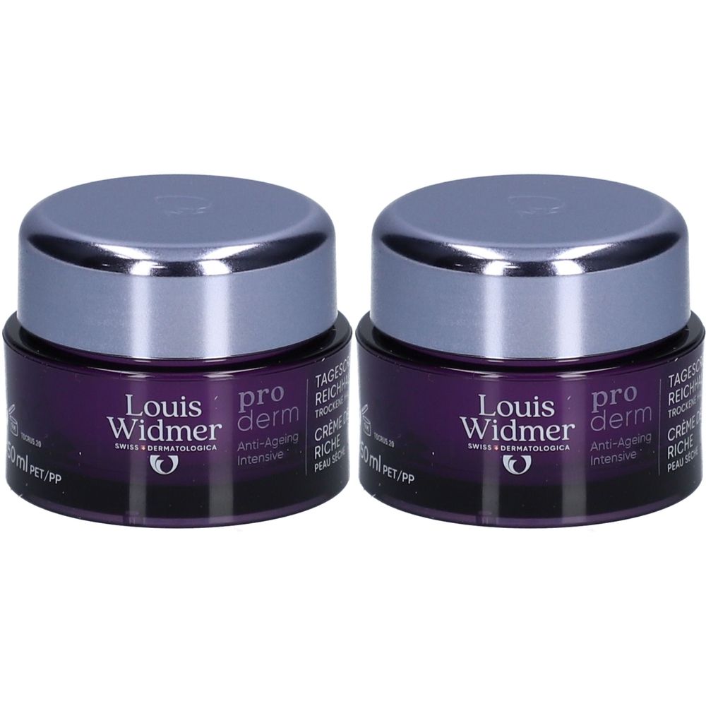 Deux pots de crème Louis Widmer Proderm, violets avec couvercles argentés. Inscription: Proderm Anti-Ageing Intensive.