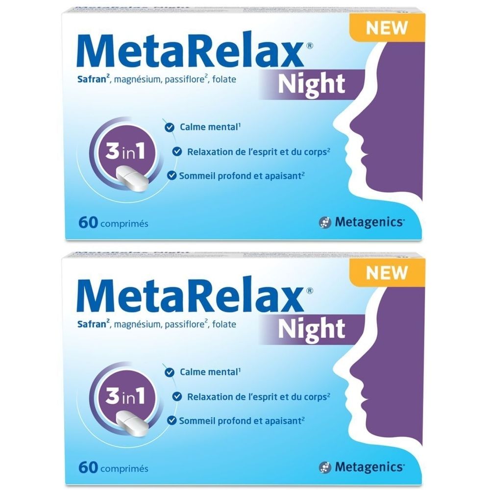 Deux boîtes de MetaRelax Night. Inscription : 3 en 1, 60 comprimés. Emballage violet et blanc avec profil.