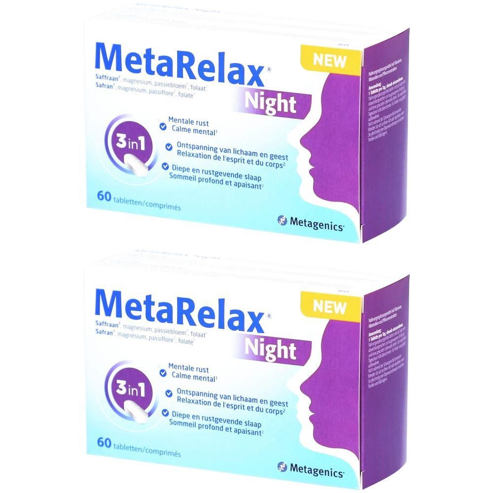Deux boîtes de MetaRelax Night. Inscription : 3 en 1, 60 comprimés. Emballage violet et blanc avec profil.