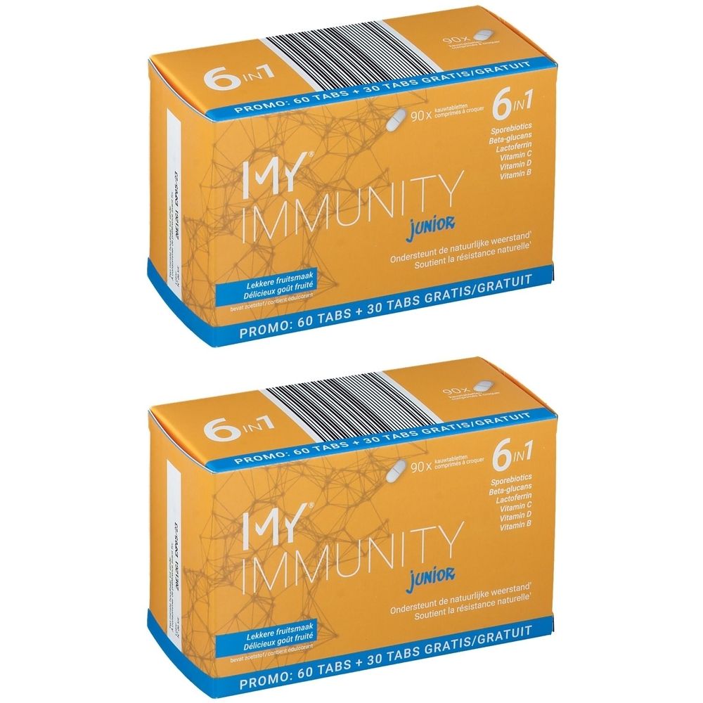 Deux boîtes MY IMMUNITY Junior. Emballage orange avec texte bleu. Contient 60 + 30 comprimés. 6 en 1.