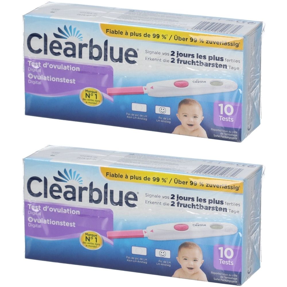 Deux boîtes de tests d'ovulation Clearblue Digital. Emballage avec image du produit et texte. Dix tests par boîte.