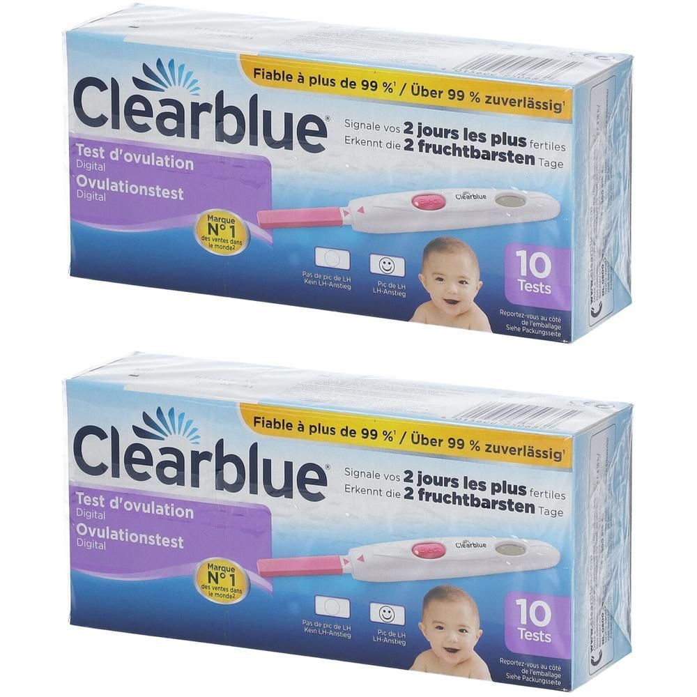 Deux boîtes de tests d'ovulation Clearblue Digital. Emballage avec image du produit et texte. Dix tests par boîte.