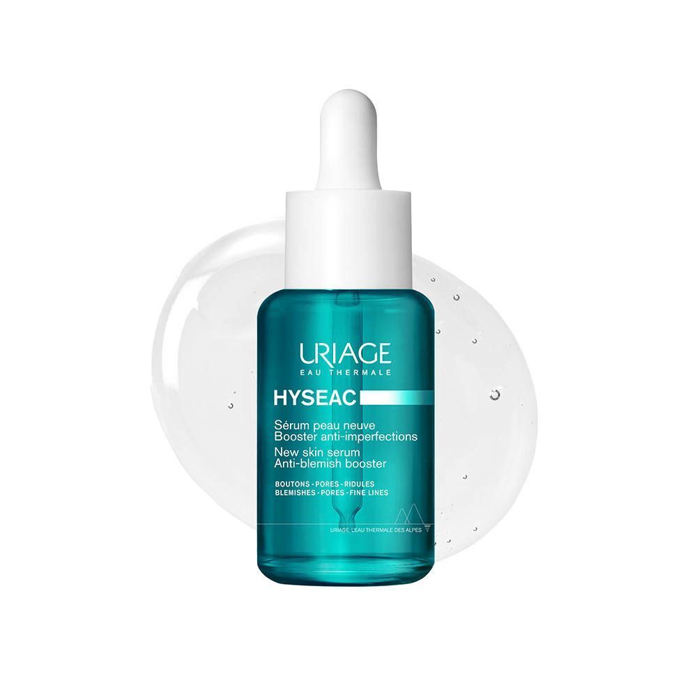 Flacon compte-gouttes bleu sarcelle avec étiquette "URIAGE HYSEAC" et liquide transparent.