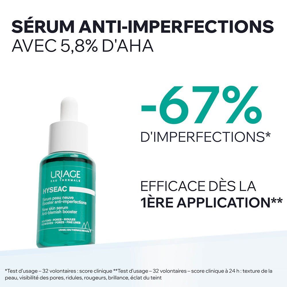 Flacon de sérum avec pipette. Texte : « Sérum anti-imperfections avec 5,8 % d'AHA ».