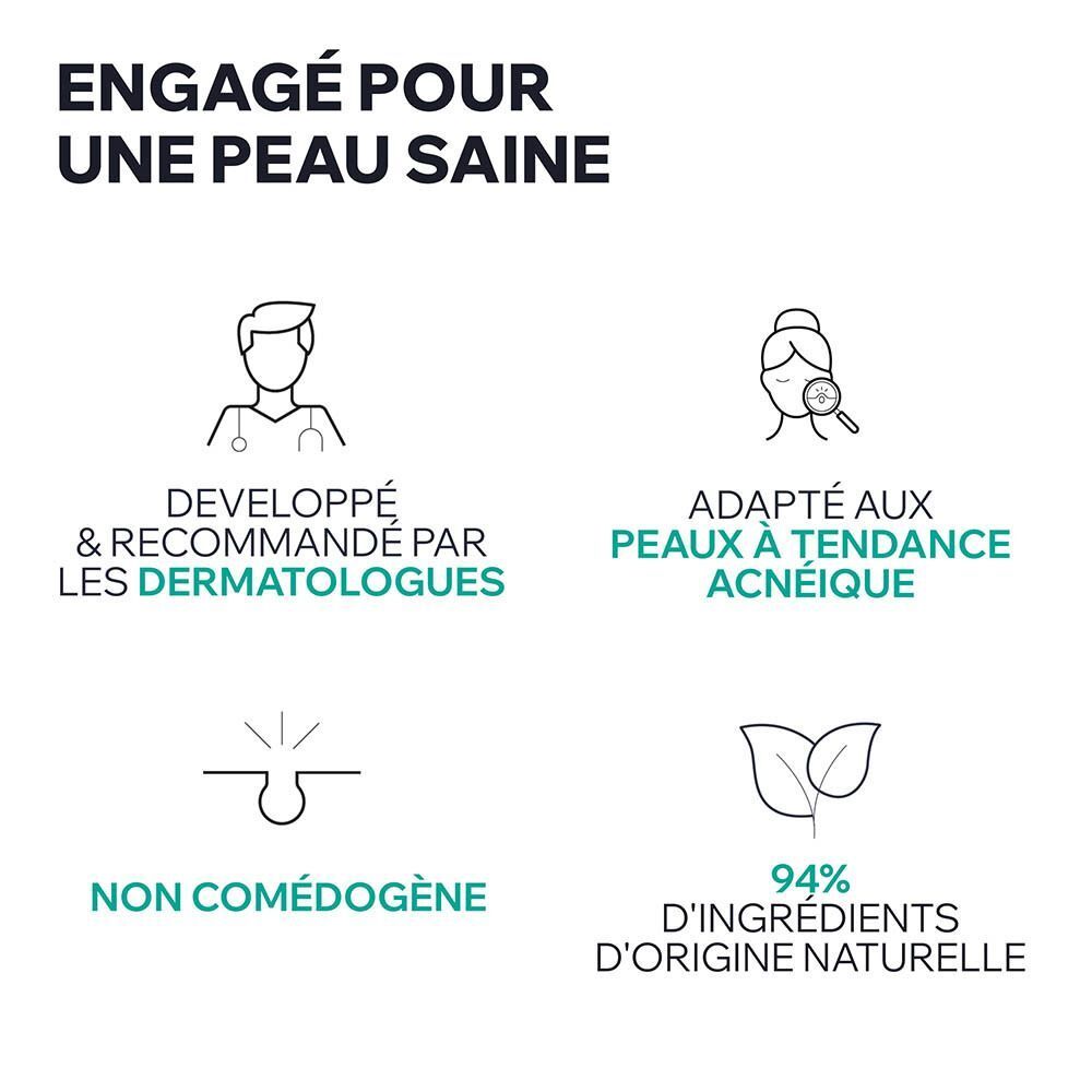 Produit de soin : Développé par des dermatologues, non comédogène, pour peaux à tendance acnéique.