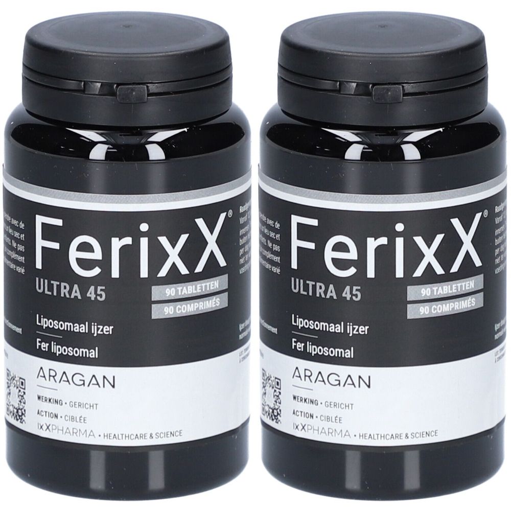 Deux flacons noirs avec texte blanc: Ferixx Ultra 45, Lipofer, 90 comprimés. Marque ARAGAN.