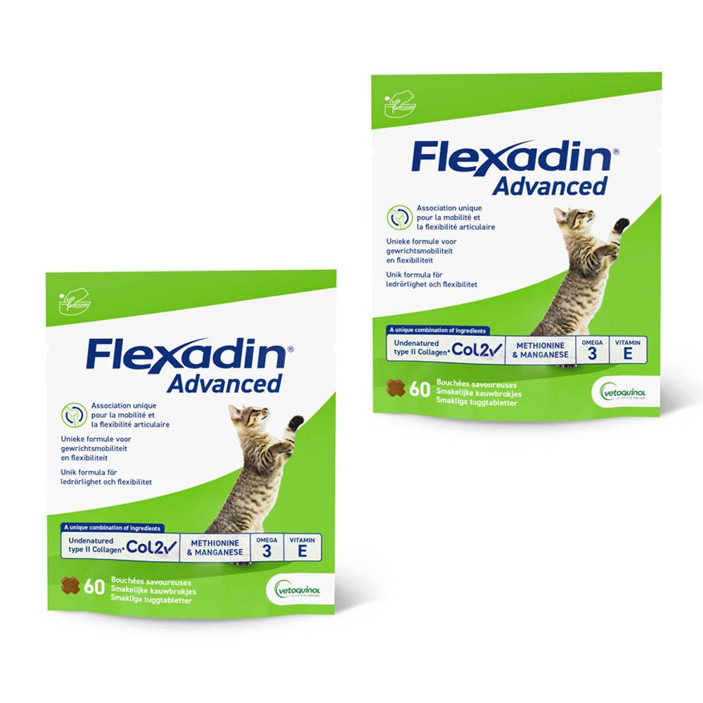 Deux boîtes Flexadin Advanced. Blanches et vertes, avec nom du produit et illustration de chat. 60 comprimés.
