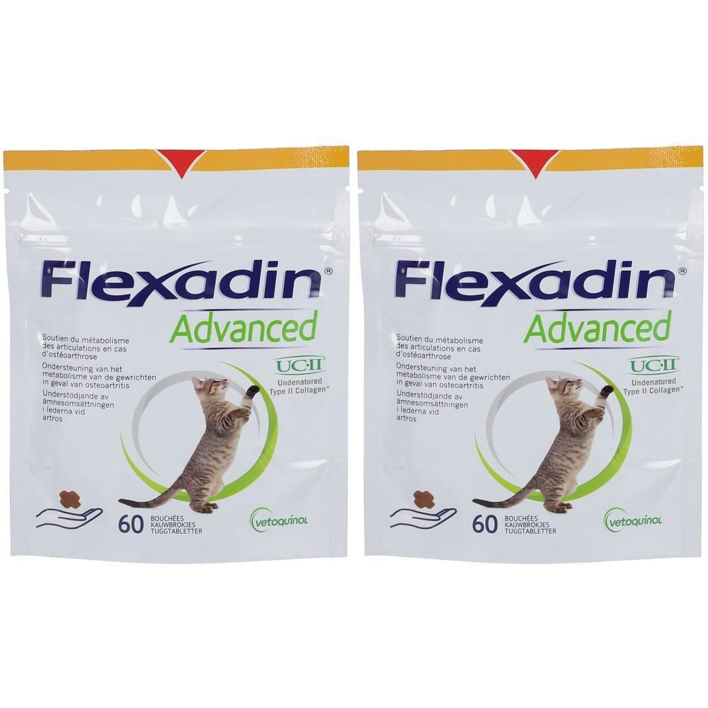 Deux sachets Flexadin Advanced. Blancs, avec nom du produit et illustration de chat. Contient 60 comprimés.