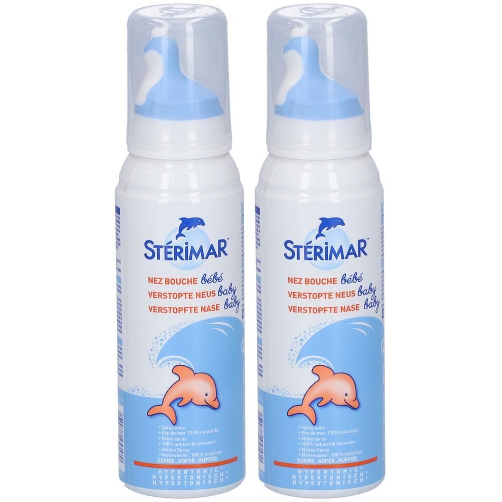 Deux flacons de Sterimar Spray Nasal Hypertonique Bébé. Emballage blanc et bleu avec logo, dauphin et texte.