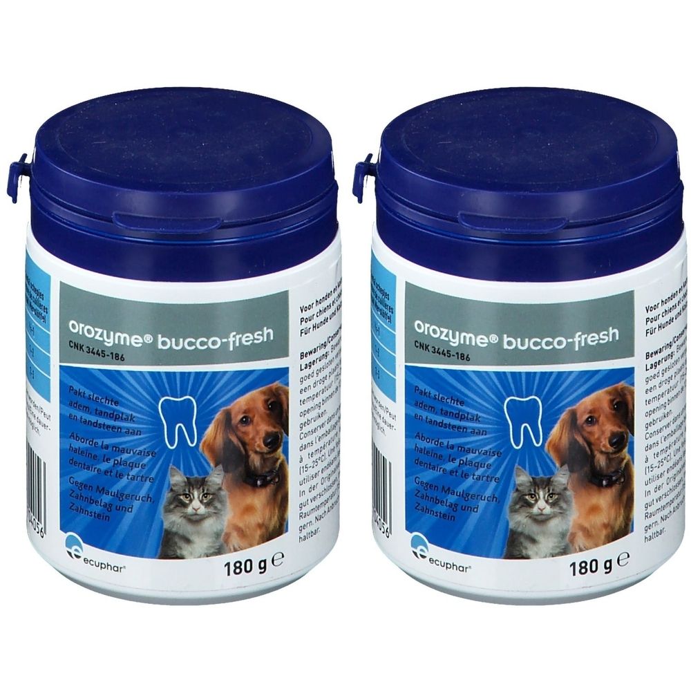 Deux boîtes de OROZYME® bucco-fresh. Couvercles bleus, contenants blancs avec étiquette. Impression : chien, chat, symbole dent, 180 g.