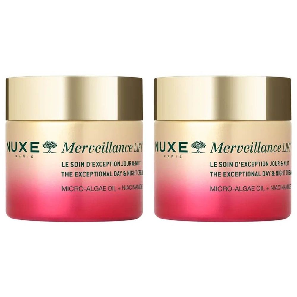 Deux pots Nuxe Merveillance Lift. Couvercle doré, base rose. Inscription: Nuxe, Merveillance Lift.