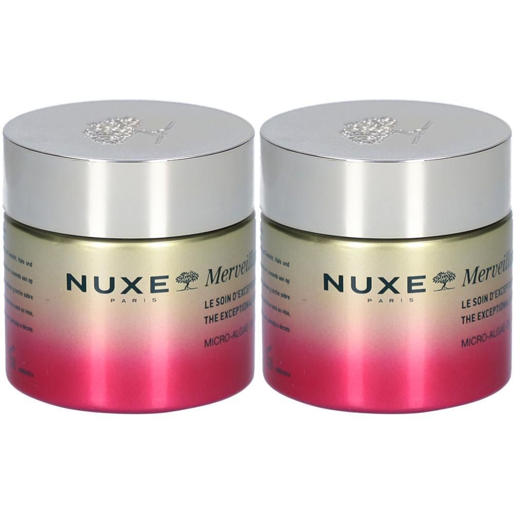 Deux pots Nuxe Merveillance Lift. Couvercle doré, base rose. Inscription: Nuxe, Merveillance Lift.