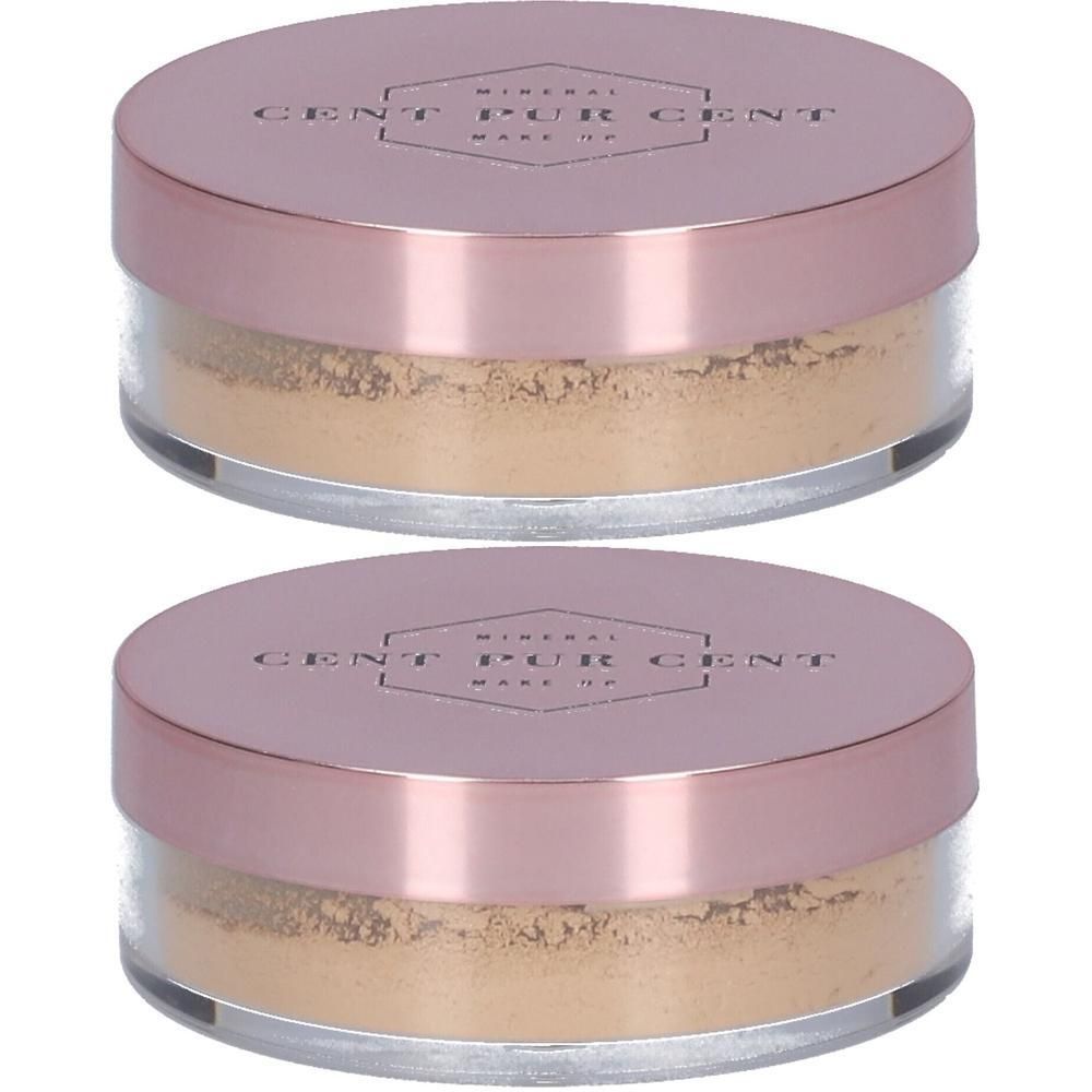 Deux pots ronds avec couvercles roses. Inscription : Cent Pur Cent Mineral Make-up. Contenu : poudre libre.