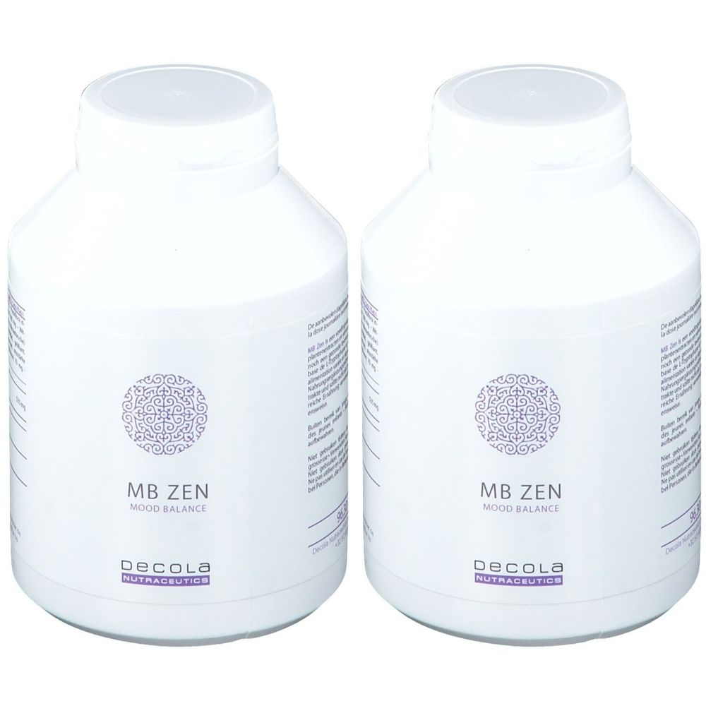Deux flacons blancs avec couvercles. Inscription: MB ZEN, Mood Balance, Decola Nutraceutics. Motif ornemental.