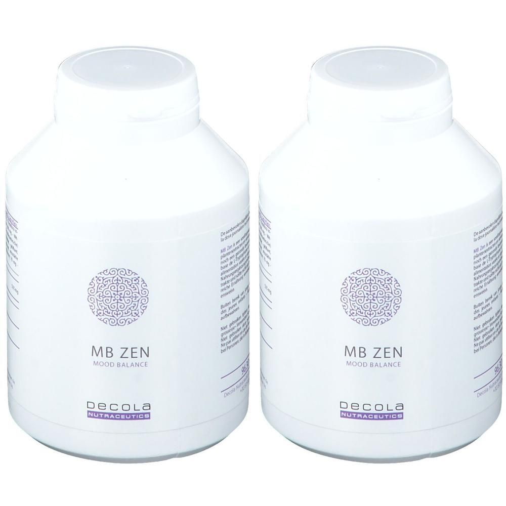 Deux flacons blancs avec couvercles. Inscription: MB ZEN, Mood Balance, Decola Nutraceutics. Motif ornemental.