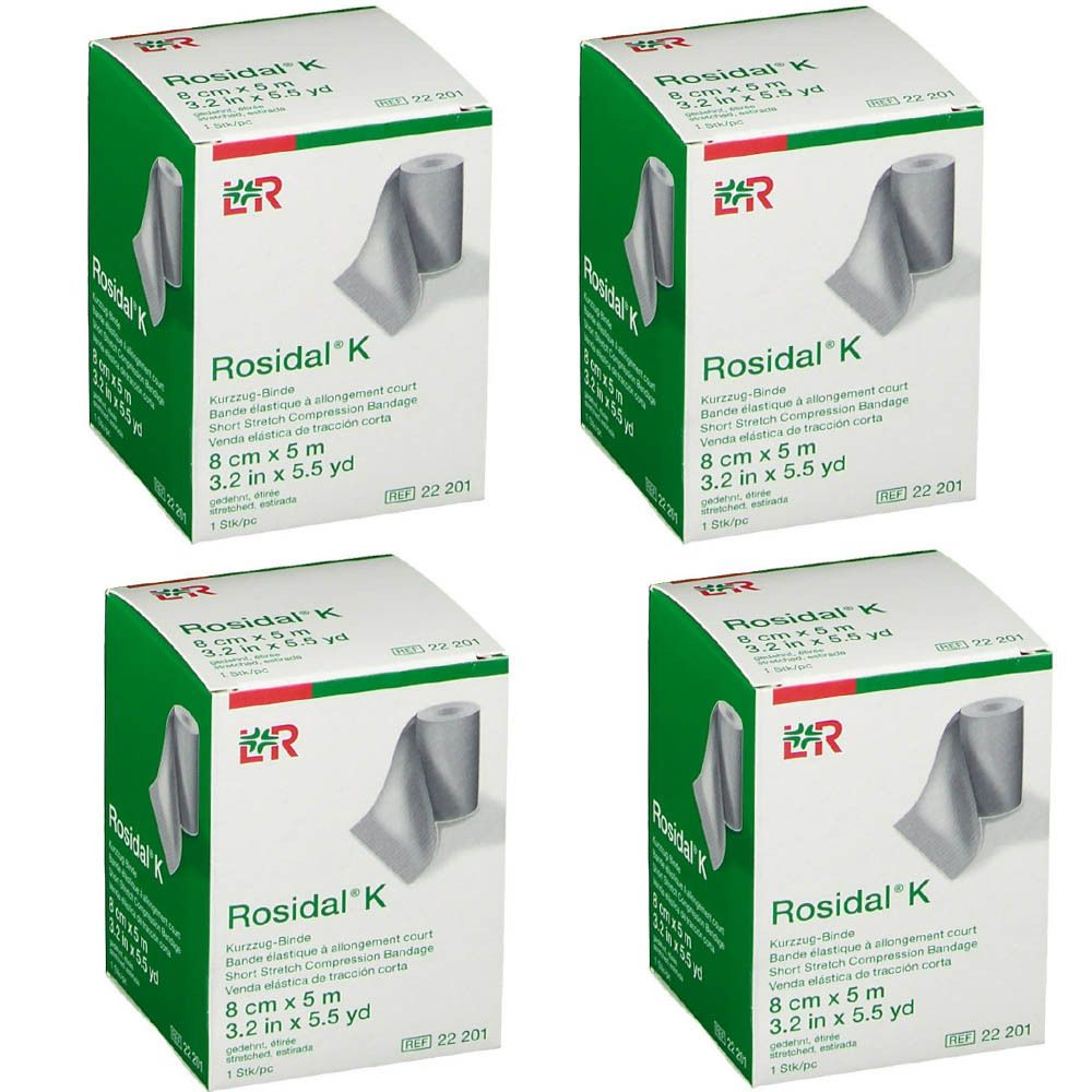 Plusieurs boîtes de bandage de compression Rosidal® K. Dimensions : 8 cm x 5 m. Emballages verts et blancs avec image et logo.