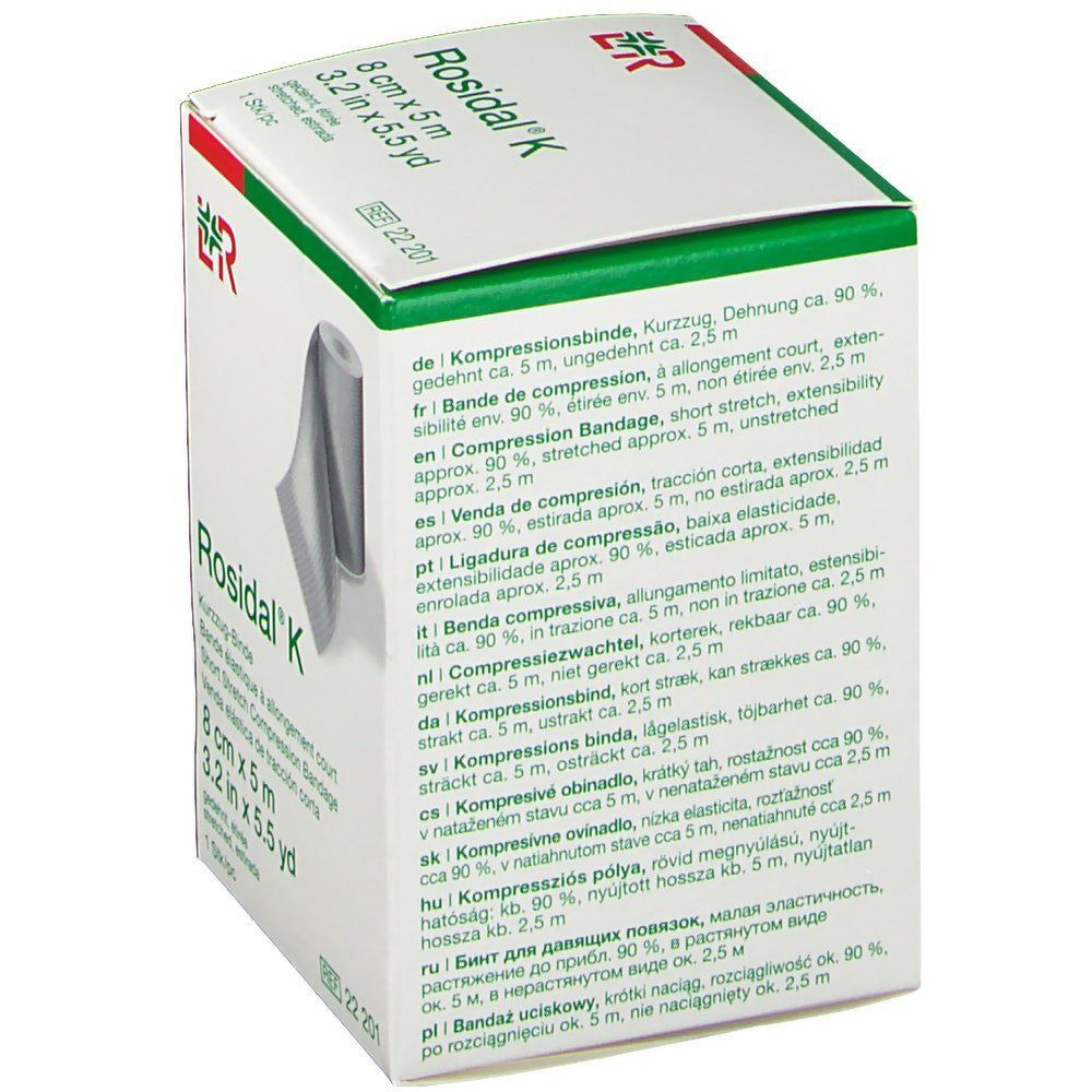 Dos de l'emballage Rosidal® K. Informations multilingues sur le produit, y compris l'étirement et le matériau.