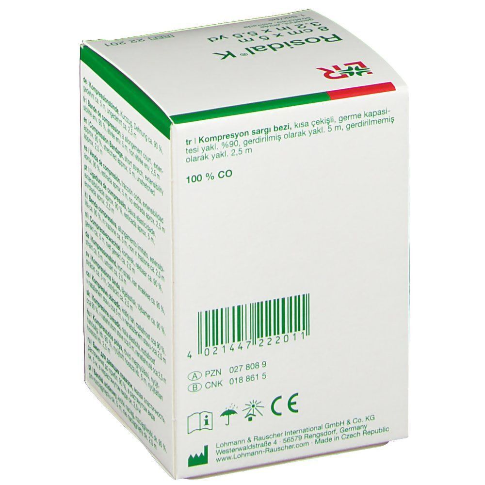 Dos de l'emballage Rosidal® K avec code-barres, marquage CE et informations du fabricant.