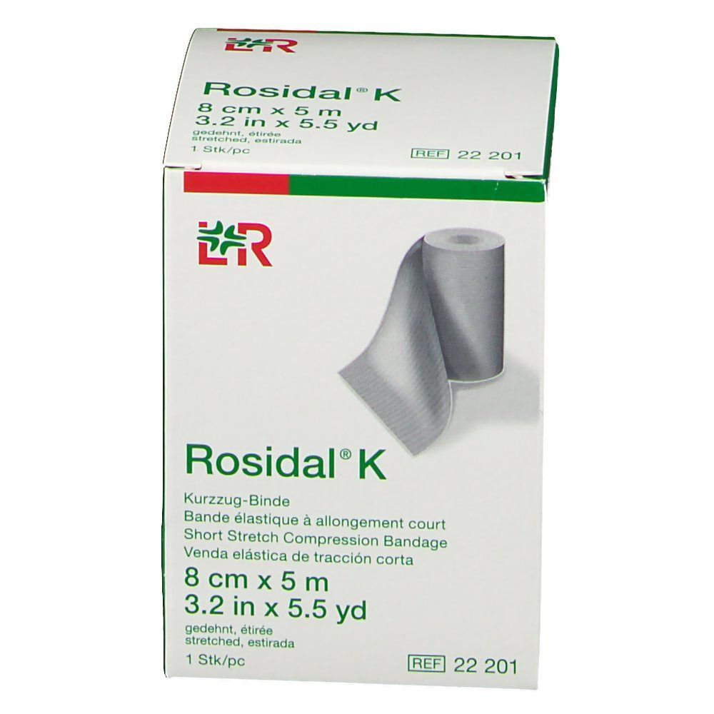 Boîte de bandage de compression Rosidal® K. Dimensions : 8 cm x 5 m. Emballage vert et blanc avec image du produit et logo.