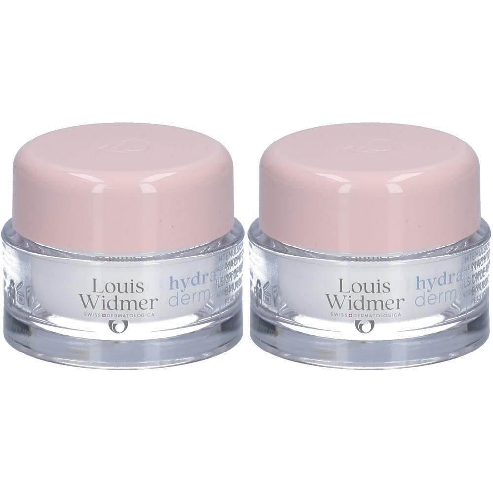 Deux pots Louis Widmer Hydraderm. Verre transparent, couvercles roses. Inscription: hydra derm.