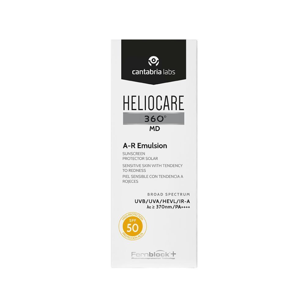 Emballage d'Heliocare 360° A-R Emulsion. Blanc avec couvercle noir. Texte: Heliocare, 360°, MD, A-R Emulsion, SPF 50.