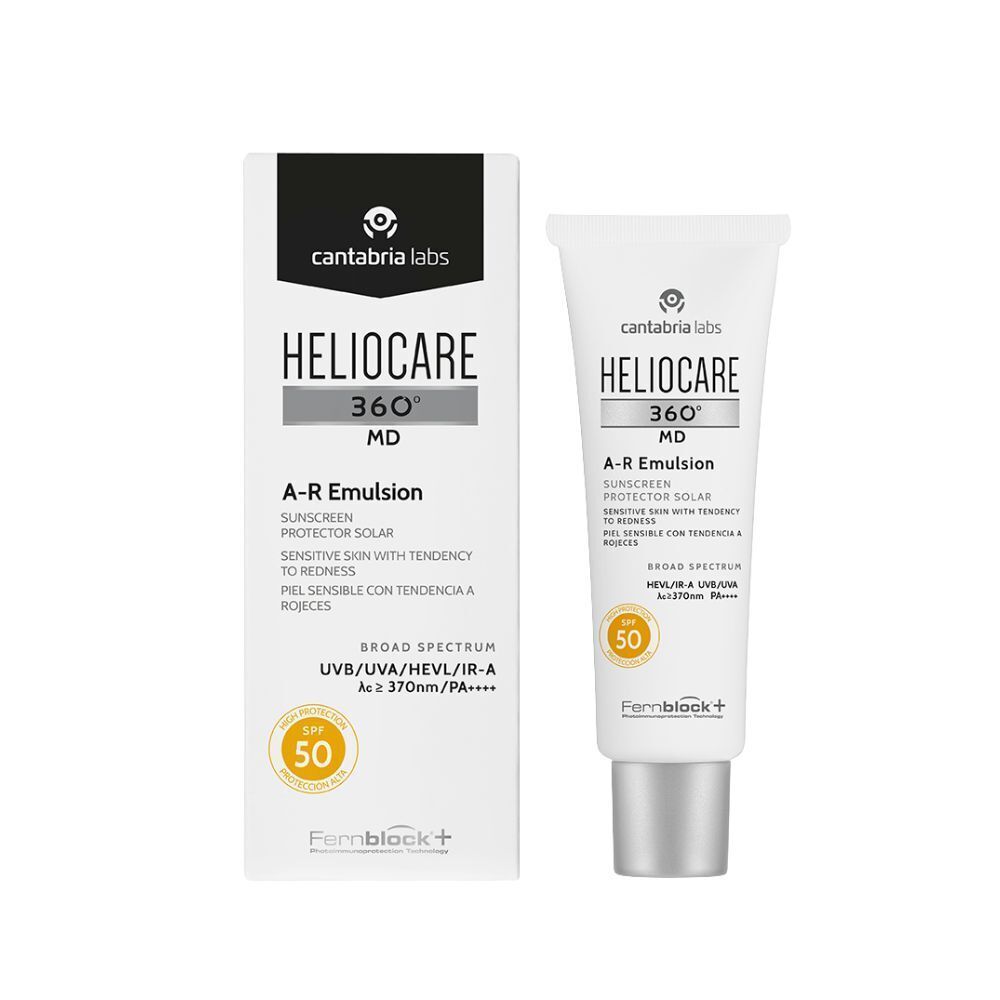Heliocare 360° A-R Emulsion et emballage. Blanc, bouchon argenté. Texte: Heliocare, 360°, MD, A-R Emulsion, SPF 50.