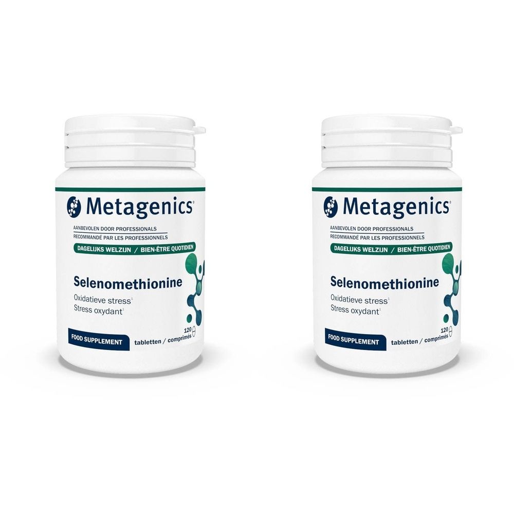 Deux flacons blancs avec étiquettes. Inscription: Sélénométhionine, Stress oxydant. Marque: Metagenics. Supplément alimentaire.