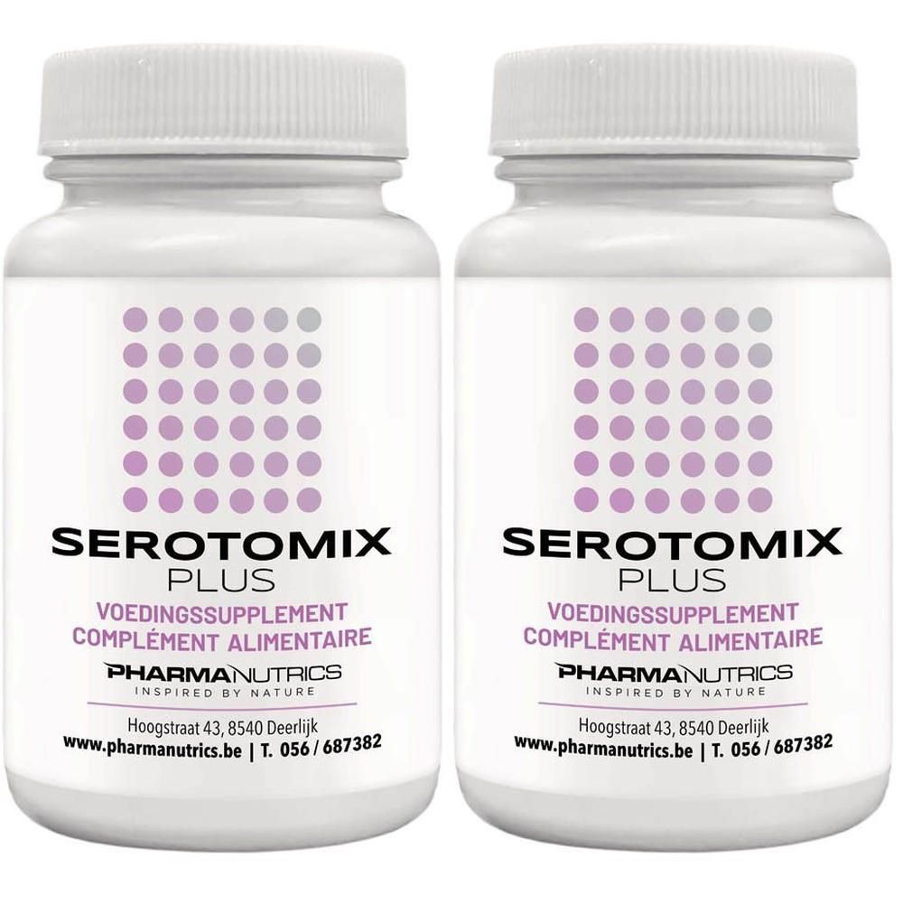 Deux flacons blancs avec étiquettes violettes. Inscription : Serotomix Plus, Voedingssupplement, Complément Alimentaire. Marque : PharmaNutrics.