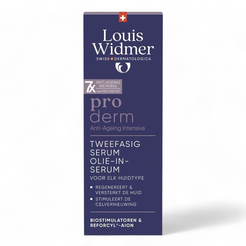 Deux flacons de sérum Louis Widmer Proderm. Flacons noirs avec couvercles violets et inscriptions. Offre 1+1.