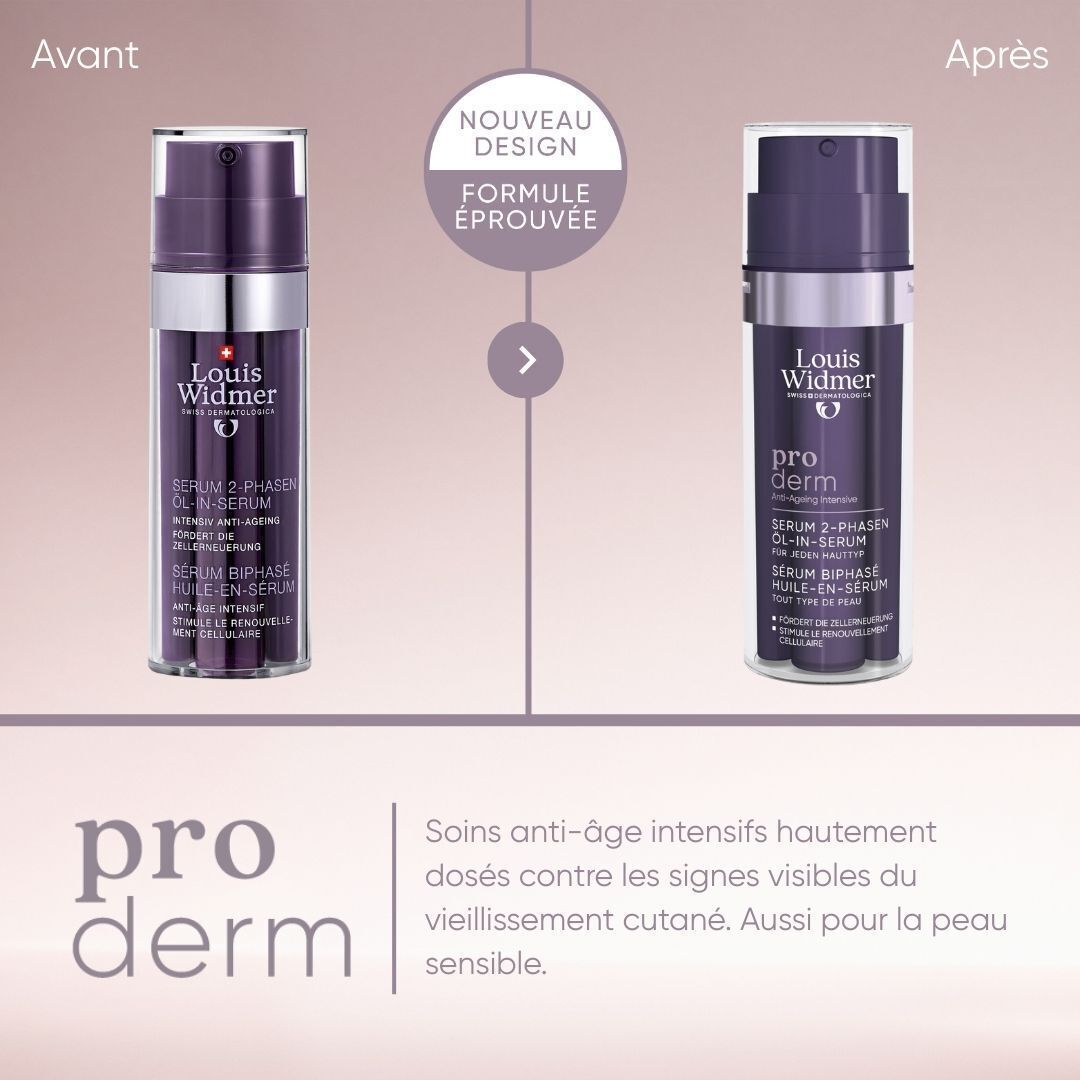 Emballage du sérum Louis Widmer Proderm. Emballage bleu avec informations sur le produit et logo. Effet anti-âge.