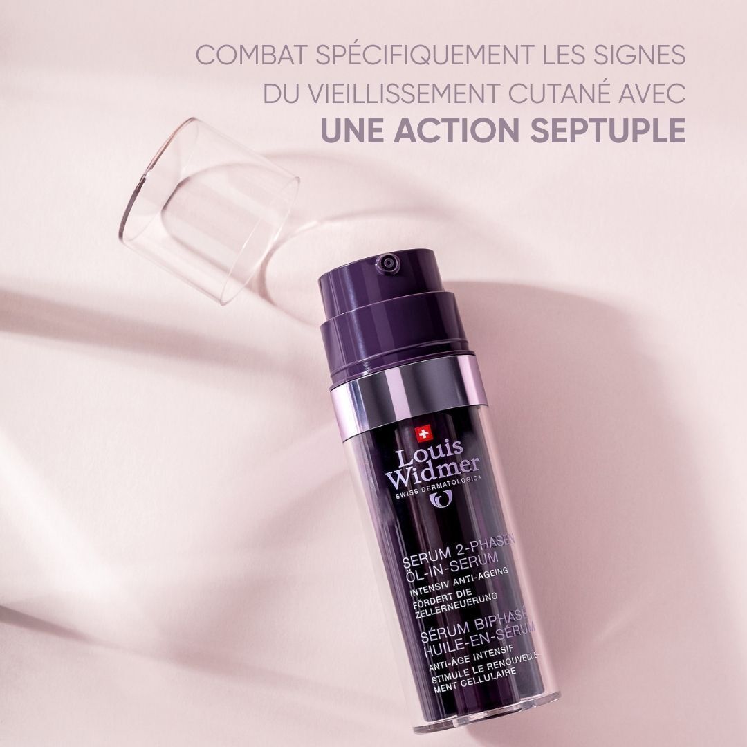 Trois produits Louis Widmer. Sérum, crème pour les yeux et crème de nuit. Emballage violet et noir.