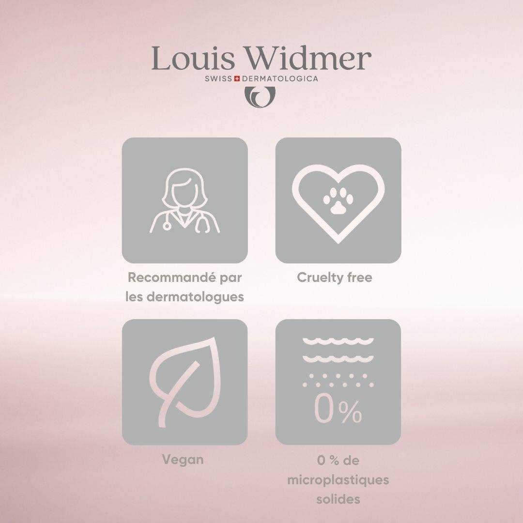 Flacon de sérum Louis Widmer. Flacon noir avec couvercle violet. Texte : Action septuple contre le vieillissement.