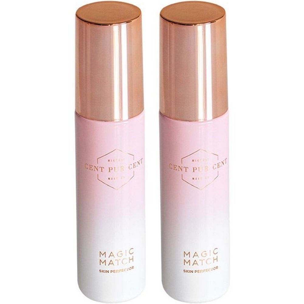 Deux flacons dégradés roses et couvercles cuivrés. Inscription : CENT PUR CENT Magic Match.