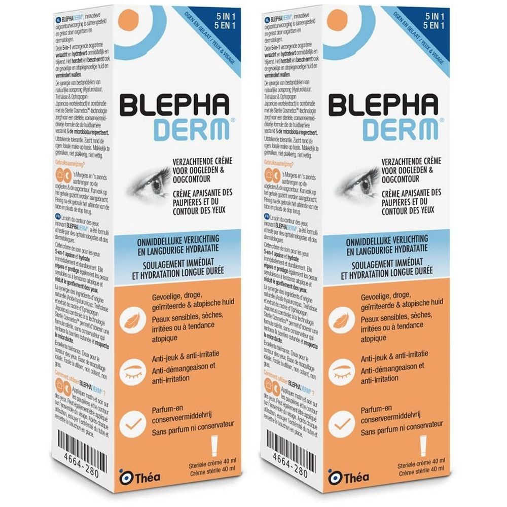 Deux boîtes BLEPHADERM. Boîtes blanches avec design bleu et orange. Nom et description du produit.