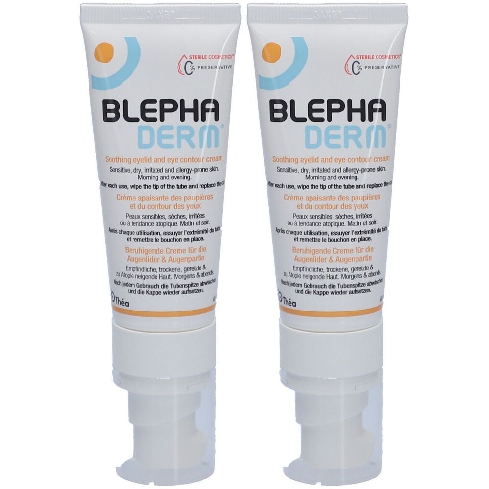 Deux tubes de crème pour les yeux BLEPHADERM. Tubes blancs avec texte bleu et orange. Fermeture à pompe.