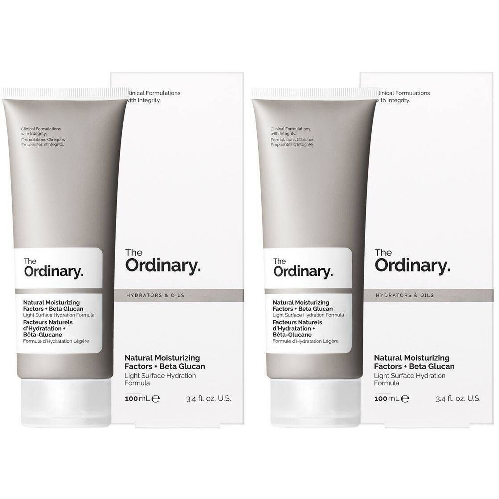 Deux tubes avec emballage blanc. Inscription: The Ordinary, Natural Moisturizing Factors + Beta Glucan.