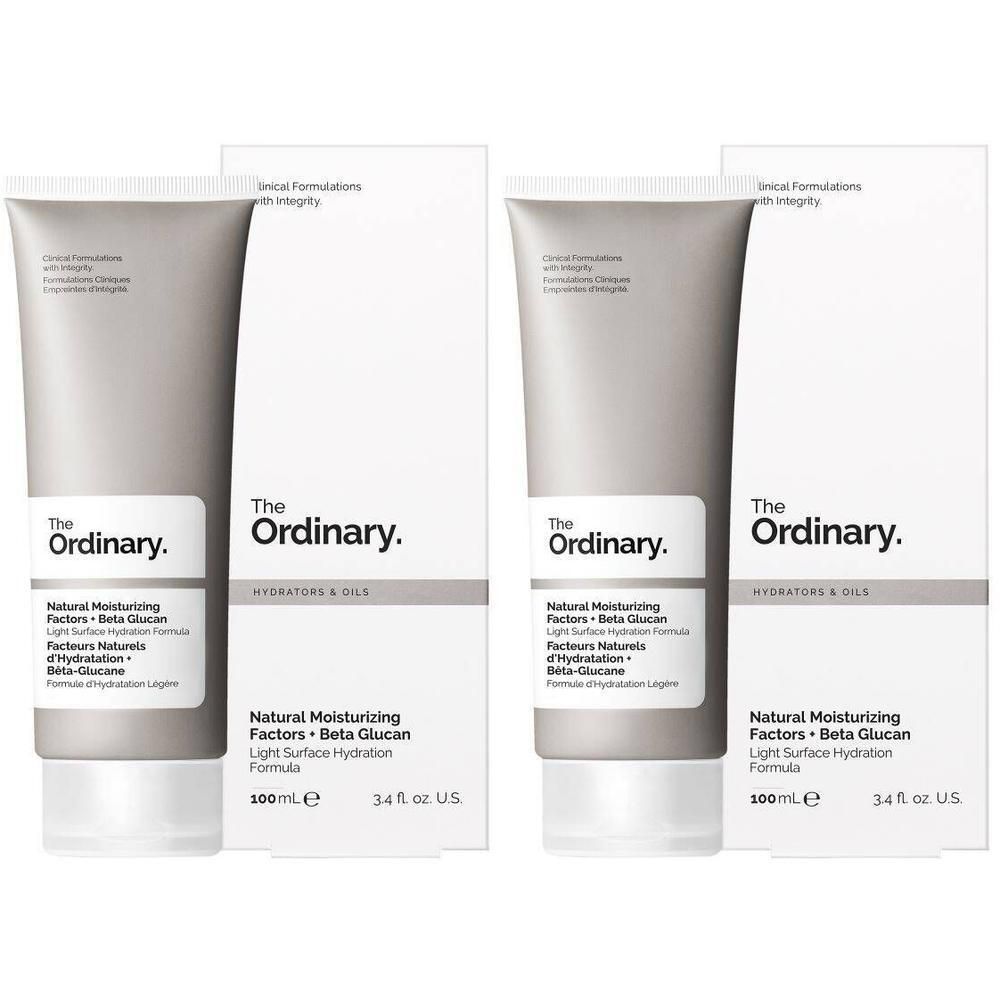 Deux tubes avec emballage blanc. Inscription: The Ordinary, Natural Moisturizing Factors + Beta Glucan.