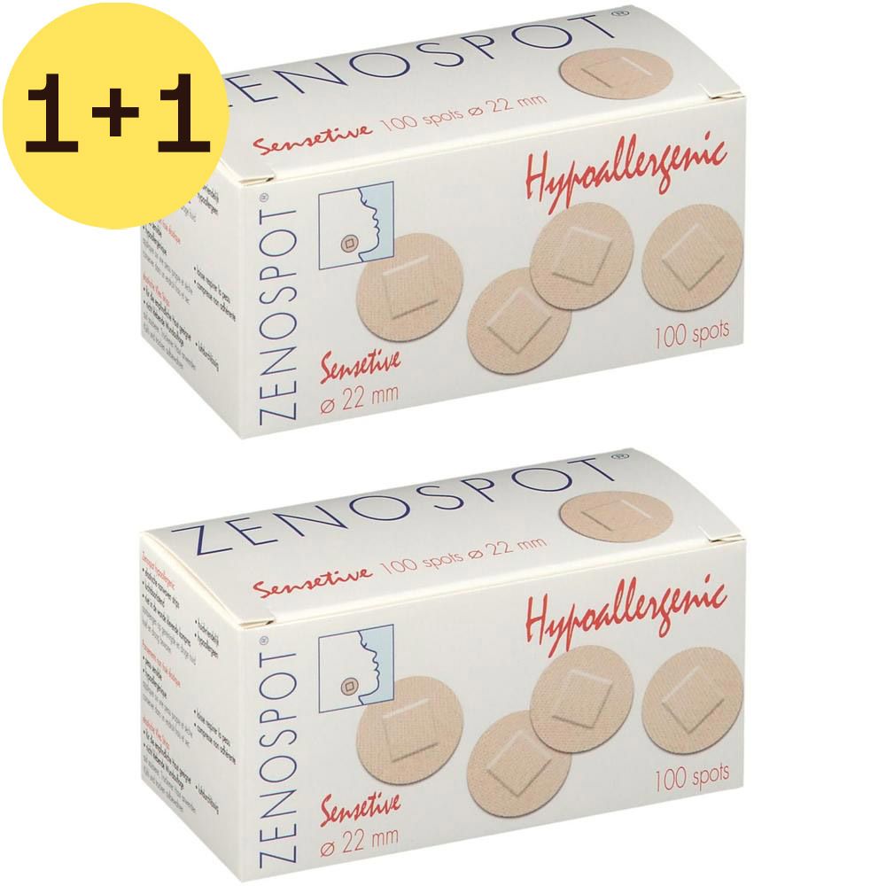 Deux boîtes de Zenospot Pansement Sensitive 22mm. Chaque boîte affiche des pansements et des informations sur le produit.